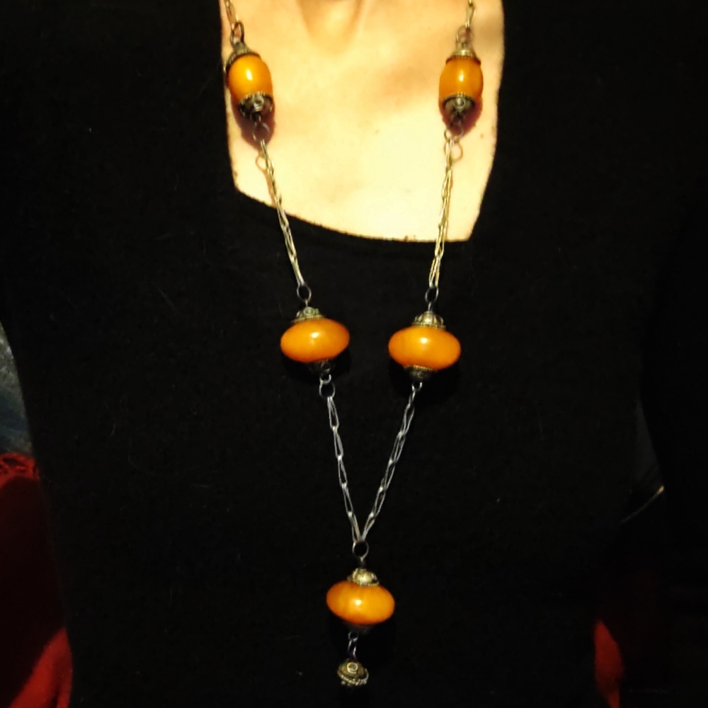 Antique Amber & Silver Bead Necklace